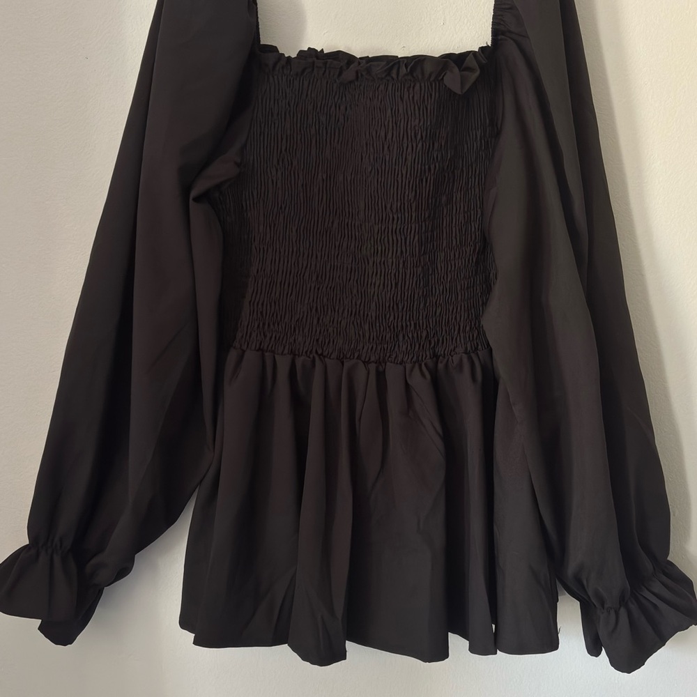 Women's Black Smocked Peasant Blouse with Puff Sleeves